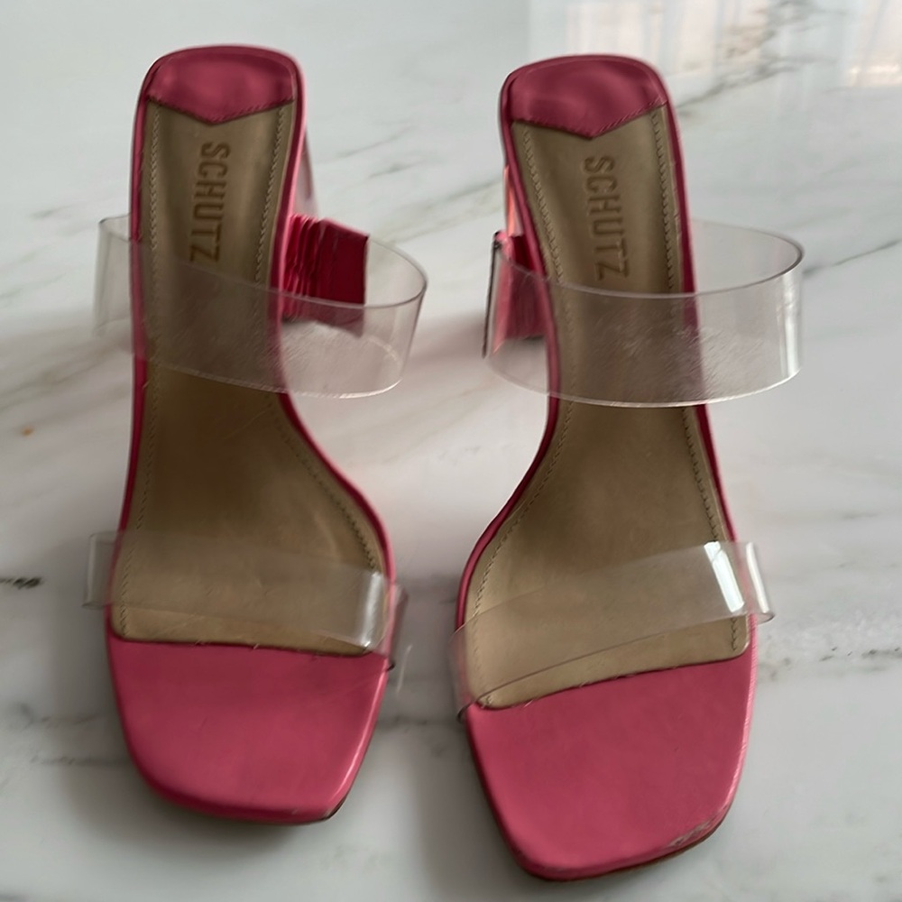 Schultz Pink with PVC heels. Size 9